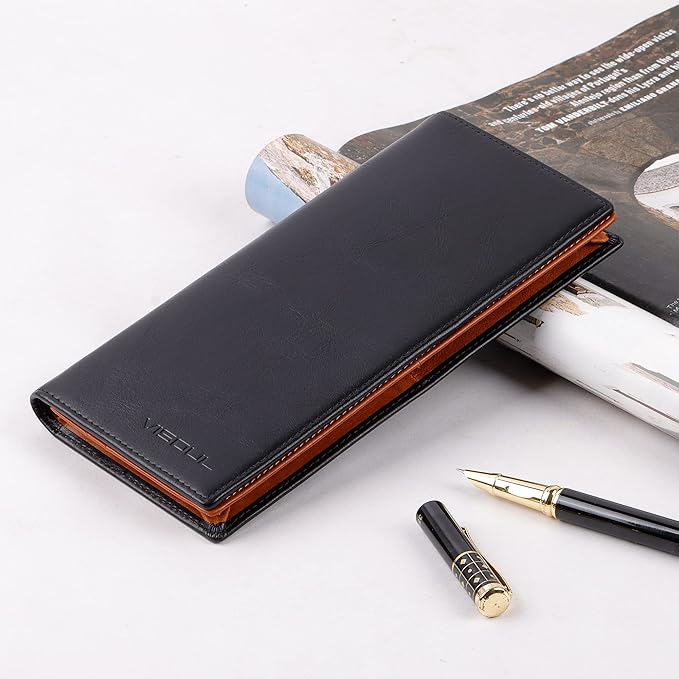 VISOUL Mens Leather Long Bi-fold Checkbook RFID Blocking Wallets, Breast Pocket Tall Billfold Secretary Wallet for Men with 12 Card Slots (Black and Orange)