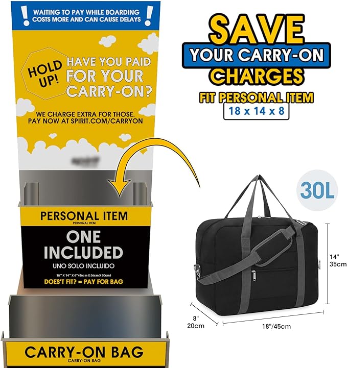 For Spirit Airlines Personal Item Bag 18x14x8 Foldable Travel Duffel Bag Tote Duffle Carry on Luggage for Women and Men 30L(Black (With Shoulder Strap))