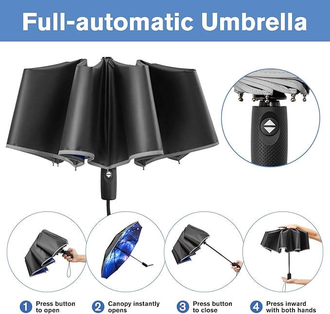 G4Free 42 Inch Eco Windproof Folding Umbrella for Rain & Sun 9 Ribs Wind Resistant Strong Fiberglass Double Canopy with Reflective Strip for Women Men Auto Open Close For Car & Backpack