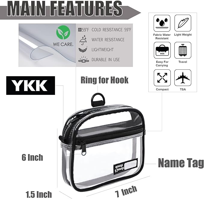 Rough Enough Clear Quart Size TSA Approved Toiletry Bag Small with Keychain for Travel Size Toiletries