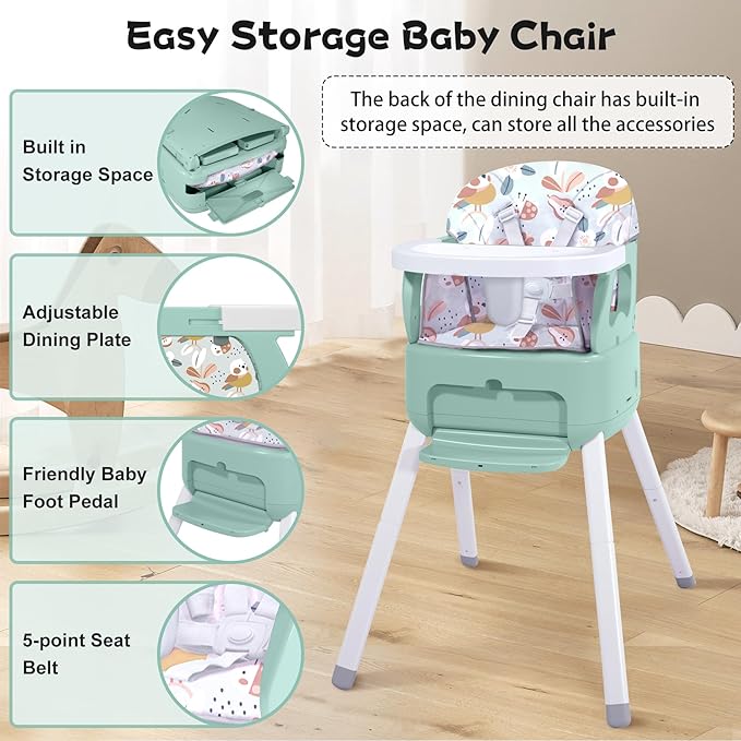 4 in 1 Portable Baby Highchair Convertible Highchair for Babies and Toddlers - Foldable Carry Small Box, High Chair, Infant Booster Seat, Dining Chair, Easy to Carry and Store(Green)
