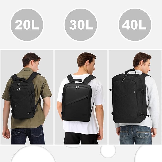Kono Carry on Backpack, 18" Airplane Approved Under Seat Travel Backpack for Men and Women, Waterproof Lightweight Daypack for Flight 30L (Black, Medium)