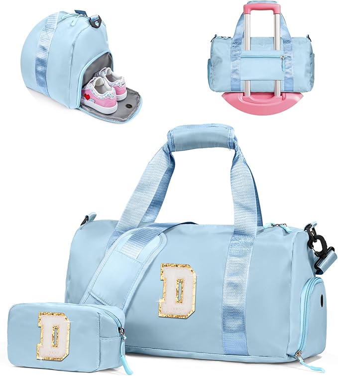 Cute Preppy Gifts for Girls-Girl Gym Bag with Shoe Compartment, Kid Personalized Weekender Overnight Bags, Initial Travel Tote with Makeup Pouch, Chenille Gift for Teen (Letter D)