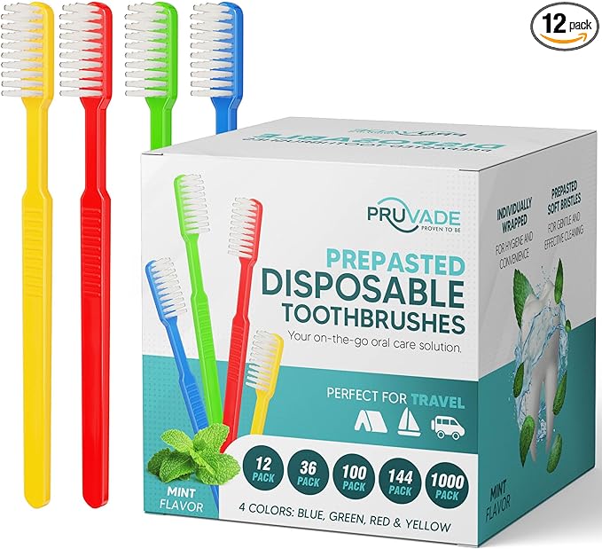12 Pack Disposable Toothbrushes with Toothpaste, Built in - Prepasted Toothbrushes Individually Wrapped |Single Use Waterless Tooth Brush with Soft Bristles for Airbnb, Hotel, Camping, Travel