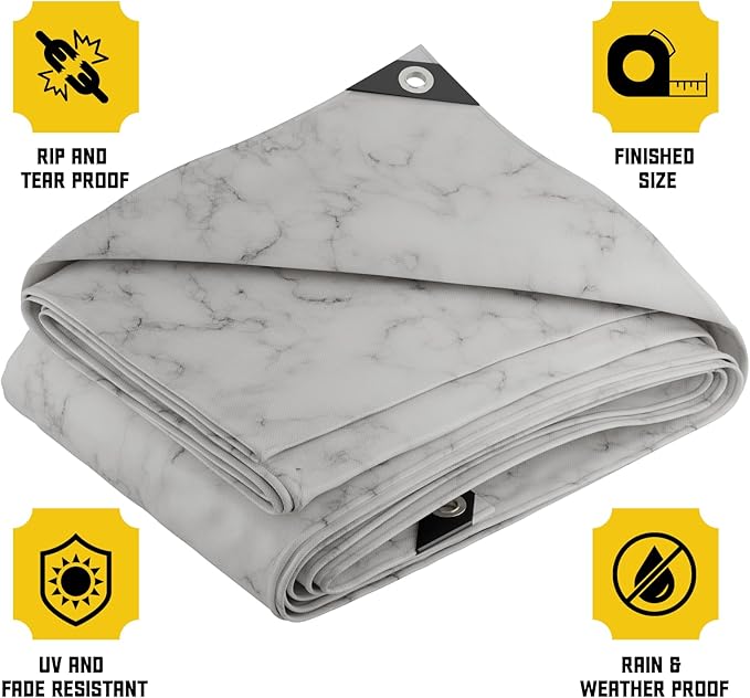 Core Tarps Extreme Heavy Duty 20 Mil Tarp Cover, Waterproof, UV Resistant, Rip and Tear Proof, Poly Tarpaulin with Reinforced Edges for Roof, Camping, Patio, Pool, Boat (Marble/White 16′ X 20′)