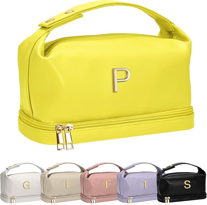 Unique Gifts for Women, Personalized Makeup Bag with Handle, Initial Double Layer Cosmetic Bag with Makeup Brush Organizer, Cute Cosmetic Pouch for Women, Tween Gift Ideas