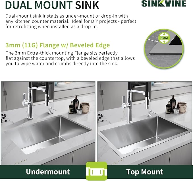 25-Inch Drop-In Kitchen Sink, SINKVINE 25" x 22" Stainless Steel Indoor and Outdoor Sink, Top Mount Large Deep Single Bowl Sink for Laundry Room, with Drain Strainer, Bottom Grid, Roll-up Drying Unit