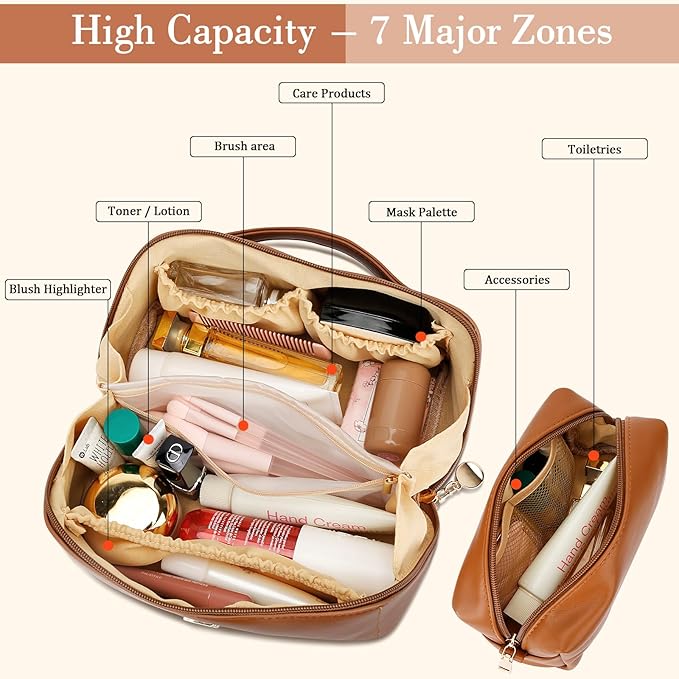 Birthday Gifts for Women Teen Girl, Personalized Initial Makeup Organizer Bag Set, Open Flat Travel Cosmetic Bag With Clear Divider and Handle(Brown,F)