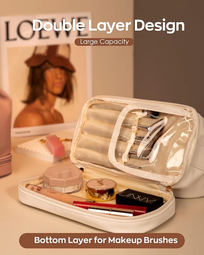 Birthday Gifts for Mom, Personalized Makeup Bag with Handle, Initial Double Layer Cosmetic Bag with Makeup Brush Organizer, Pink Gift Bags Travel Toiletry Bag, Gifts for Friends Female Mom