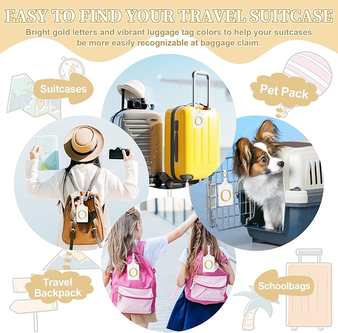 Personalized Initial Luggage Tags for Suitcase TSA Approved, White Leather Cute Luggage Tag with Privacy Cover Name Card, Embroidered Custom Luggage Tags Travel Baggage Tags Gifts for Women Kids(O)