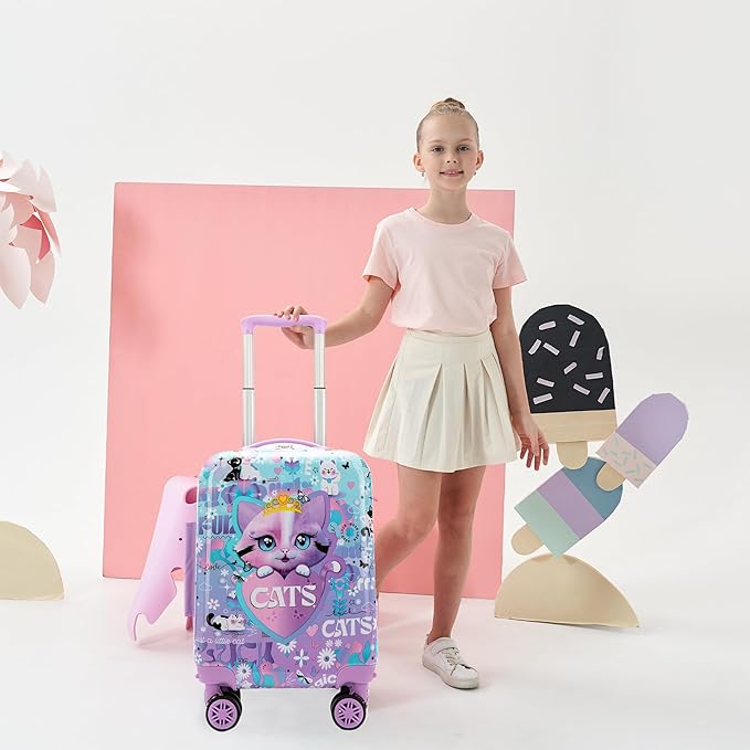 Cute Cat Kid's Luggage Set 2 Piece Suitcase Set 16" Hardside Luggage with Spinner Wheels Girls Carry on Toddler Travel Rolling Luggage Airline Approved