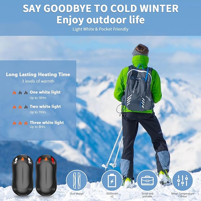 2 Pack Hand Warmers Rechargeable, 6000mAh AI Smart Chips Hand Warmers, Long Lasting Portable Heater for Christmas Xmas, Golf, Hunting Gear, Camping Accessories