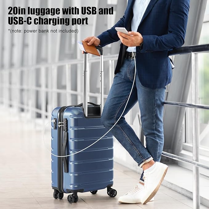Coolife Luggage Suitcase Carry-on Spinner TSA Lock USB Port Expandable (only 28’’) Lightweight Hardside Luggage (Ice Blue, S(20in_carry on))