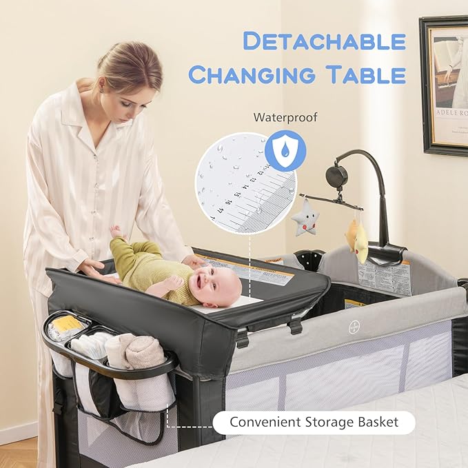 INFANS Pack and Play, 5 in 1 Baby Bedside Sleeper with Bassinet, Diaper Changer, Mattress, Carry Bag, Music Box Hanging Toys, Foldable Bedside Crib, Portable Playard for Newborn Toddlers (Gray)