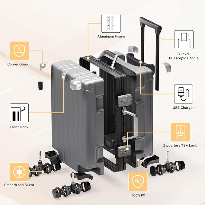 Krute Checked Aluminum Frame Suitcase 24 Inch Zipperless Luggages Hardside PC Luggage With Spinner Wheels TSA Lock USB Charger Suitcases(1 Piece)