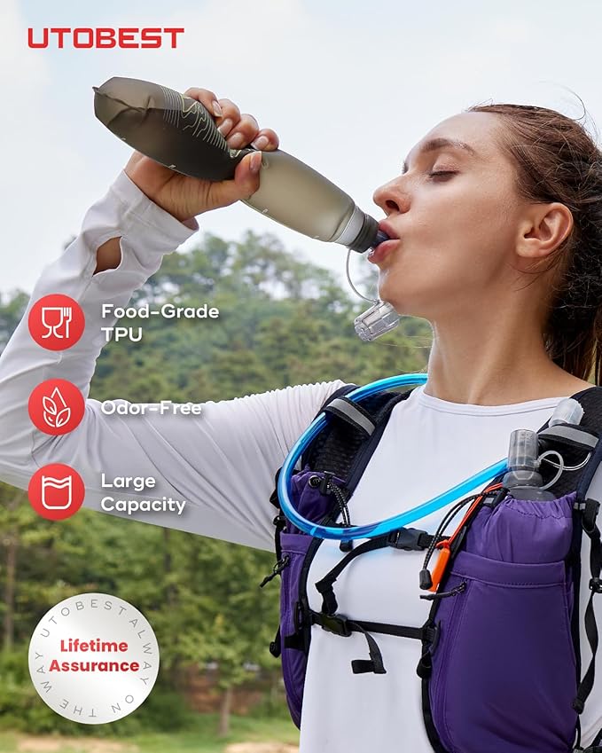 UTOBEST 500ml Soft Flask, 2 Pack Flexible TPU Hydration Water Bottle, Collapsible with 28mm Caliber for Running, Hiking, Cycling, Climbing, and Marathon Purple