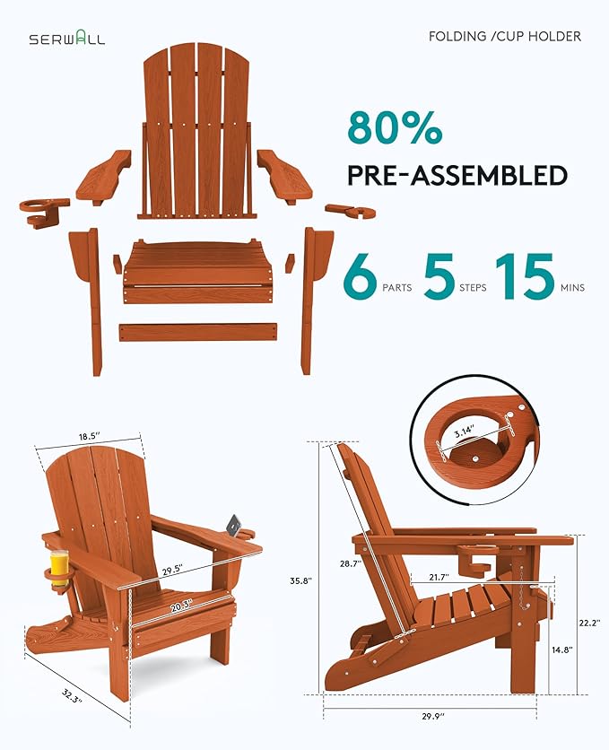SERWALL Adirondack Chair with Cup Holders - Composite Adirondack Chairs HDPE Outdoor Chairs All Weather Use- Orange