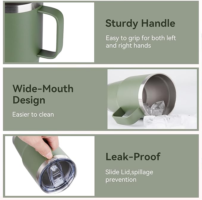 HASLE OUTFITTERS 20oz Tumbler Bulk with Lid, Stainless Steel Tumbler Bulk with Handle, Metal Insulated Travel Coffee Mug Set with Handle, Double Wall Vacuum Leak Proof Tumbler Cup, Amy Green 6 Pack