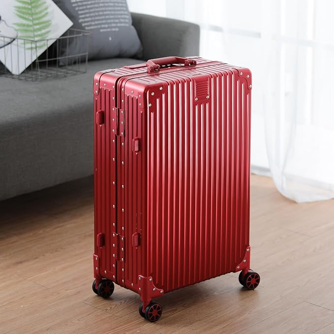 Metal All Aluminum Carry-on Luggage TSA Customs Lock Zipperless Silent Rotary Wheel Business Suitcase Aluminum Frame Set (red, 2Piece(20/28))