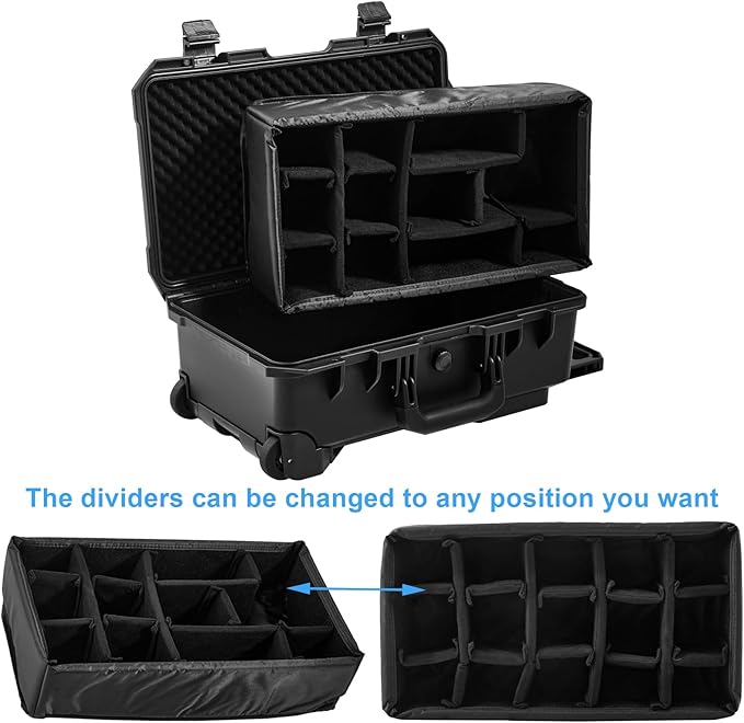Waterproof Travel Camera Hard Case with Padded Divider, 22 x 14 x 10 Inch, Rolling Case for Camera, Gear, Equipment, Dustproof, Shockproof,Airline Carry-On Approved, Inner 19.8"x 10.9" x 6.8"