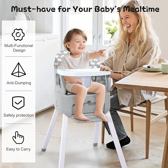 4 in 1 Portable Baby Highchair Convertible Highchair for Babies and Toddlers - Foldable Carry Small Box, High Chair, Infant Booster Seat, Dining Chair, Easy to Carry and Store (Grey)