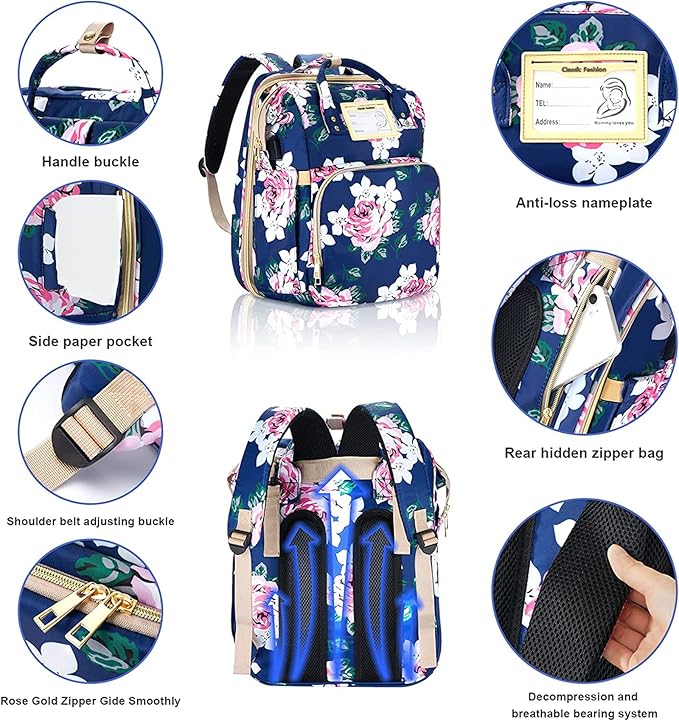 Diaper Bag Backpack with Changing Station, Foldable for Bady Toddler, 3 in 1 Large Capacity Newborn Essentials Organizer with Stroller Hook for Girls and Boys（Blue）