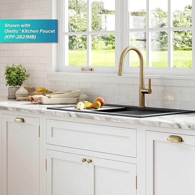 KRAUS Bellucci Workstation 33" Single Bowl Granite Kitchen Sink in Metallic Black w/Accessories, KGTW2-33MBL, Includes Dish Drainer/Dish Drying Rack