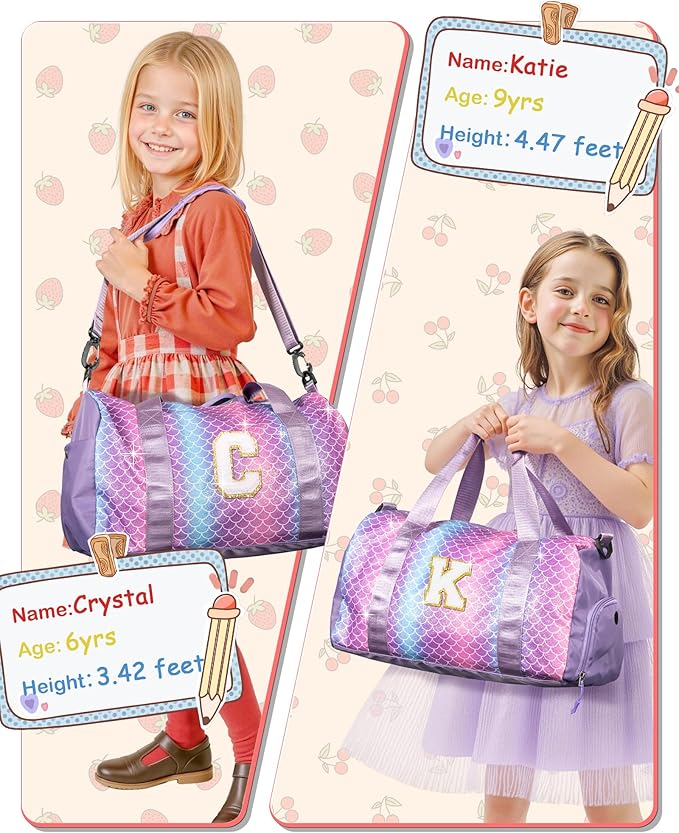 Gifts for 3 4 5 6 7 8 9 10 Year Old Girls-Girl Gym Bag with Shoe Compartment, Kid Personalized Weekender Overnight Bags, Initial Travel Tote with Makeup Pouch, Gift Ideas for Kids (Letter M)