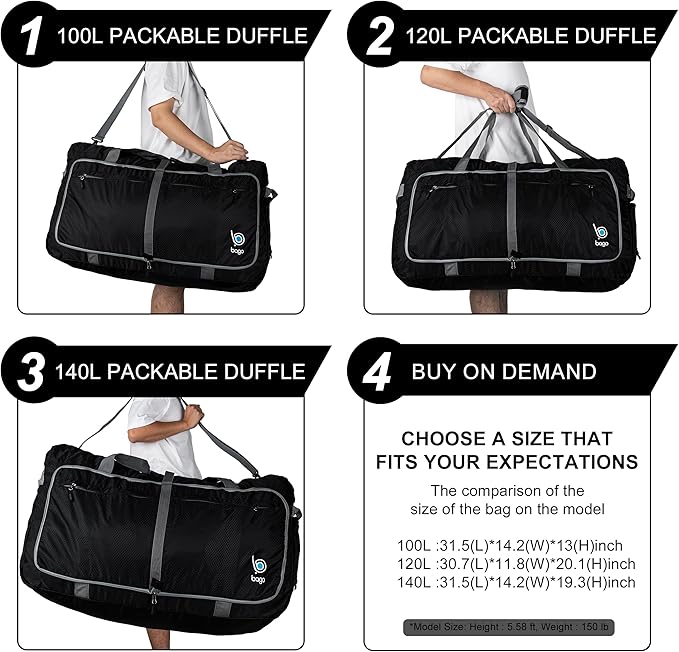 Bago Big XXL Foldable Duffel Bags for Traveling Women & Men - 140L Packable Duffle Bag for Travel with Shoe Compartment - Water Repellant, Heavy Duty, Lightweight Folding & Collapsible (Pink)
