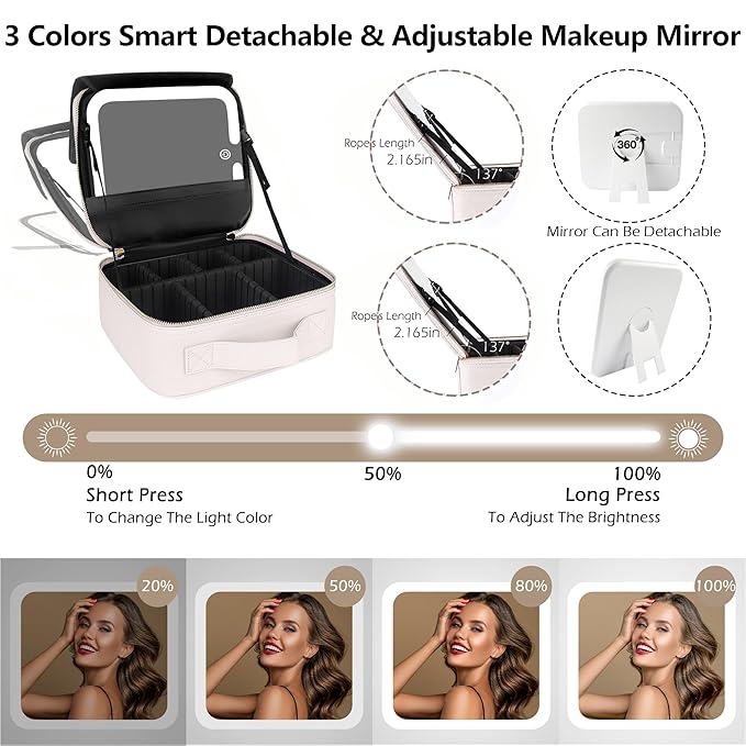 MOMIRA Travel Makeup Bag Cosmetic Bag Makeup Organizer Bag with Lighted Mirror, Adjustable Brightness in 3 Color Scenarios, Waterproof Makeup Train Case, Gift for Women - Khaki