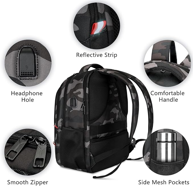 Backpack for Men Women, School Backpack with USB Charging Port, Anti Theft Carry On Flight Approved Business Work Travel 15.6 Inch Computer Laptop Backpack, BookBag for teen, Camo
