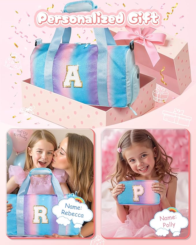 Birthday Gift for Daughter-Girl Gym Bag with Shoe Compartment, Kid Weekender Overnight Bags, Initial Travel Tote with Makeup Pouch, Gift for 3 4 5 6 7 8 9 Year Old Girls (Letter A)
