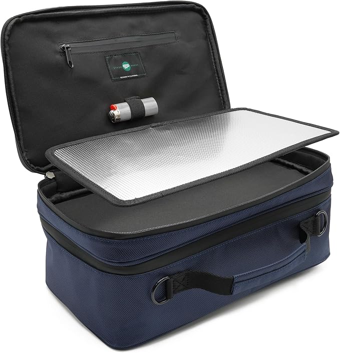 Large Storage Case with TSA Combination Lock Bag, Portable Carbon Lined, XL Medicine Lockable Box for Travel & Home Secured Box Organizer Divider Jars Accessories, Removable Tray (Blue)