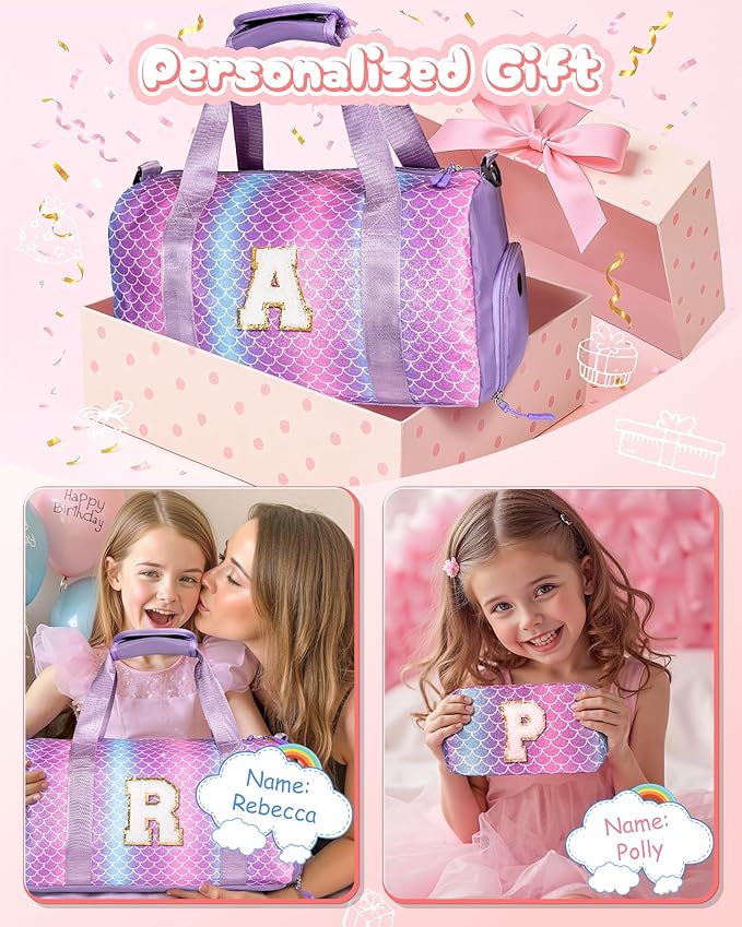 Gifts for 3 4 5 6 7 8 9 10 Year Old Girls-Girl Gym Bag with Shoe Compartment, Kid Personalized Weekender Overnight Bags, Initial Travel Tote with Makeup Pouch, Gift Ideas for Kids (Letter M)