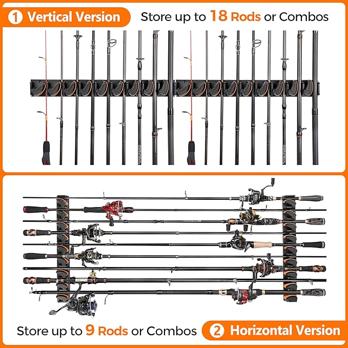 PLUSINNO V9 Vertical Fishing Rod Holders, 2 Packs Wall Mounted Fishing Pole Holders, Fishing Rod Racks Hold Up to 18 Rods or Combos, Fishing Pole Holders for Garage, Fits Most Rods of Diameter 3-19mm