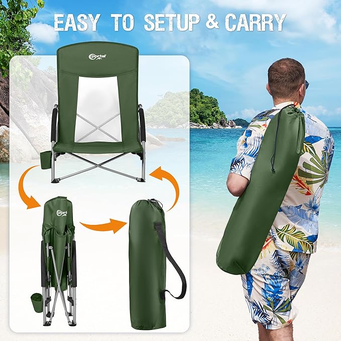 PORTAL Beach Chairs for Adults Camping Low Lightweight Portable Chair with Cup Holder Mesh Back Carry Bag for Outdoor Sand Lawn Travel Picnic Festival Concert, 350LBS