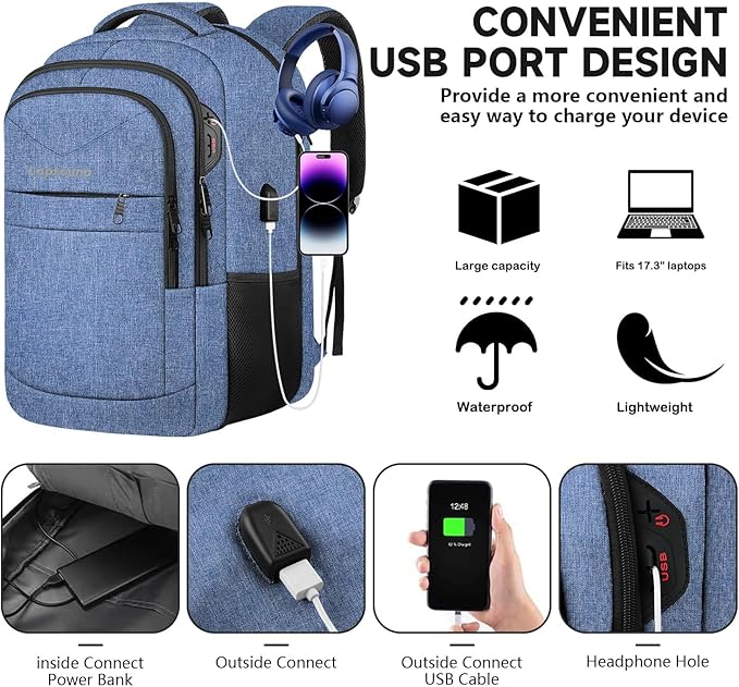 Lapsouno Extra Large Travel Backpack, TSA Laptop Backpack, 17 inch Bag with USB Port, 40L Carry on College School Computer Bag for Men Women, Blue