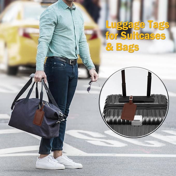 Travelambo Luggage Tags for Suitcases PU Leather Travel Tags Bag Tags Privacy Protection Travel Essentials