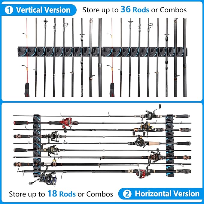 PLUSINNO 4 Pack Vertical Fishing Rod Rack, Wall Mounted Fishing Rod holder, 4 Packs Fishing Pole Holders Hold Up to 36 Rods or Combos, Fishing rod holders for garage, Fits Most Rods of Diameter 3-19mm