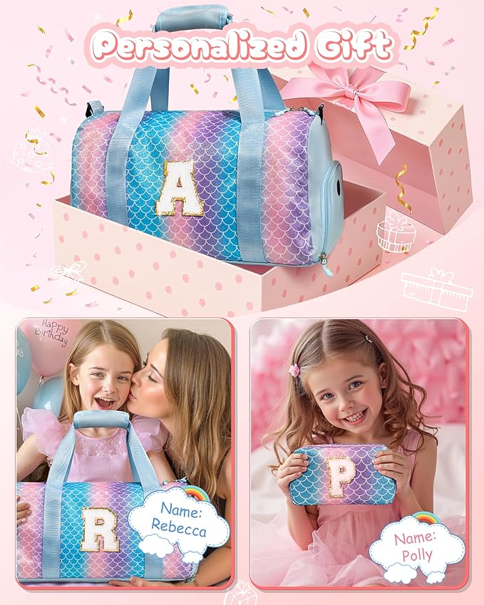 Cute Preppy Gifts for Girls-Girl Gym Bag with Shoe Compartment, Kid Personalized Weekender Overnight Bags, Initial Travel Tote with Makeup Pouch, Daughter In Law Gift (Letter D)