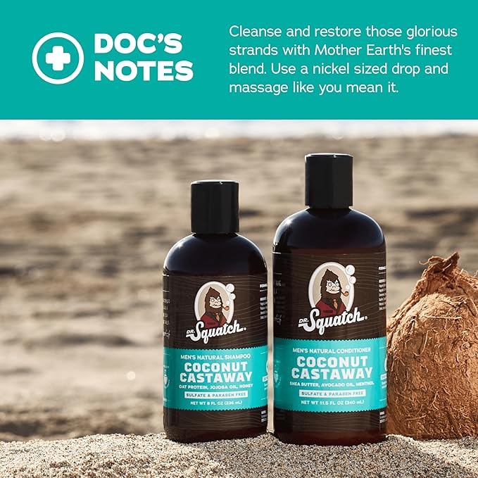 Dr. Squatch Natural Hair Bundle for Men - Healthy, Full Looking Hair - Coconut Castaway Shampoo (8 fl oz), Coconut Castaway Conditioner (11.5 fl oz)