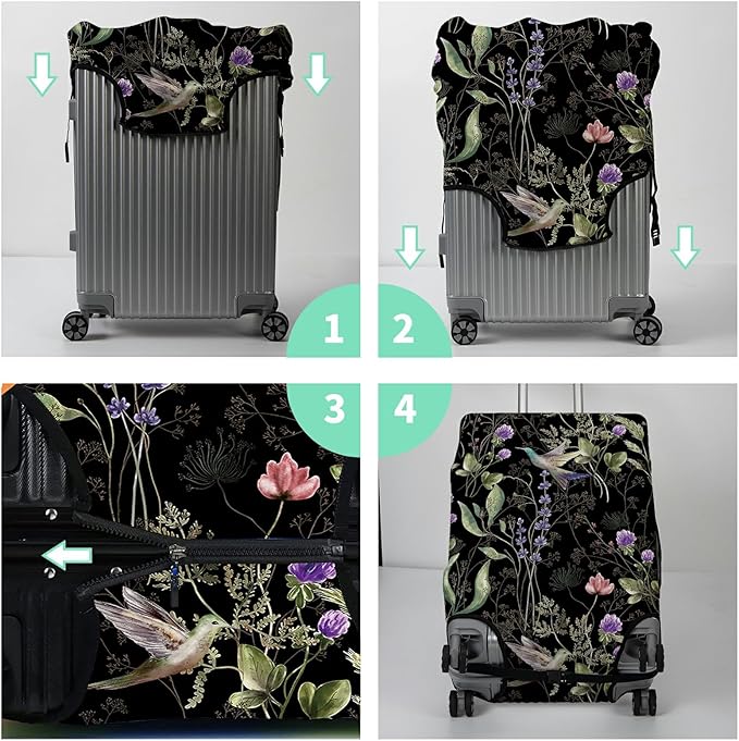 Luggage Cover Suitcase Protector + Luggage Tag, Wild Flowers Hummingbird Travel Suitcase Cover for 22-24 inch Luggage (M) with Concealed Zipper Washable Elastic Cloth Dustproof Anti-Scratch