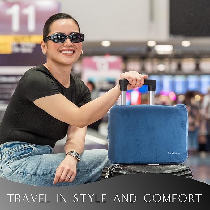 Travel Pillow and Blanket Set - 4-in-1 Ultimate Travel Kit with Memory Foam Pillow, Travel Blanket, Sleep Mask, and Earplugs-Ultimate Comfort and Coziness for Your Journeys - Blue