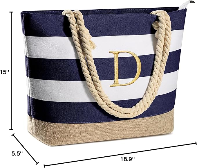 YOOLIFE Initial Canvas Waterproof Beach Tote Bag Zipper Personalized Gifts for Women Her Birthday Travel Beach Essential