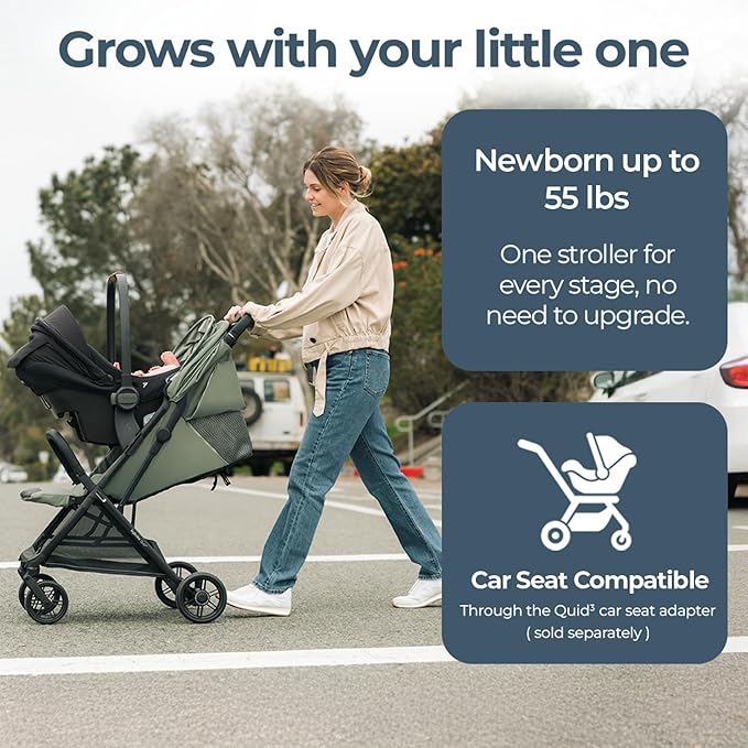 Inglesina Quid³ Stroller, Planet Green - Compact Reclining Travel Stroller for Baby & Toddler 0-55 lbs, One Hand fold, Car seat Compatible, Airplane Overhead, Lightweight, Foldable, XL UPF 50+ Canopy