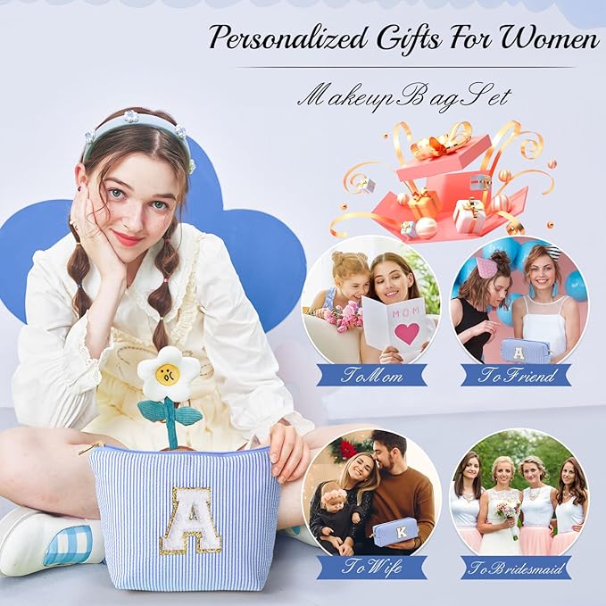 YOOLIFE Initial Makeup Bag | Makeup Bag | Travel Cosmetic Bag | Birthday Gifts for Girls | Teen Girl Gifts Trendy Stuff | Birthday Gifts for 4 5 6 7 8 9 10 11 12 13 Year Old Girls | Blue M