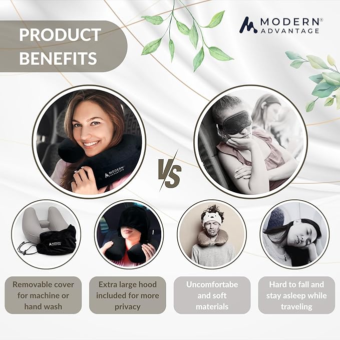 Modern Advantage Inflatable Travel Pillow for Airplanes – Hooded Neck Pillow with Adjustable Support – Comfortable, Compact & Travel-Friendly – Perfect for Sleeping on Long Flights (Black)