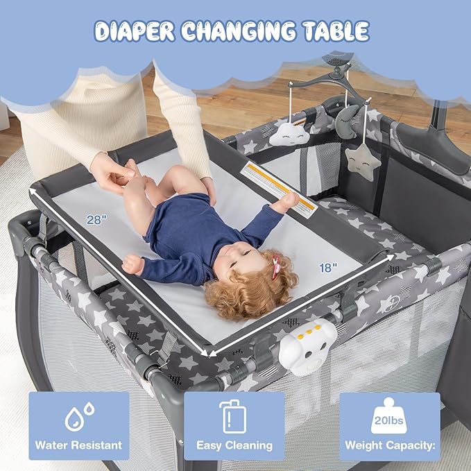 HONEY JOY Pack and Play, 3 in 1 Portable Baby Playard with Bassinet, Changing Table, Lockable Wheels, Music Box, Foldable Travel Baby Crib Nursery Center from Newborn to Toddler (Star Gray)
