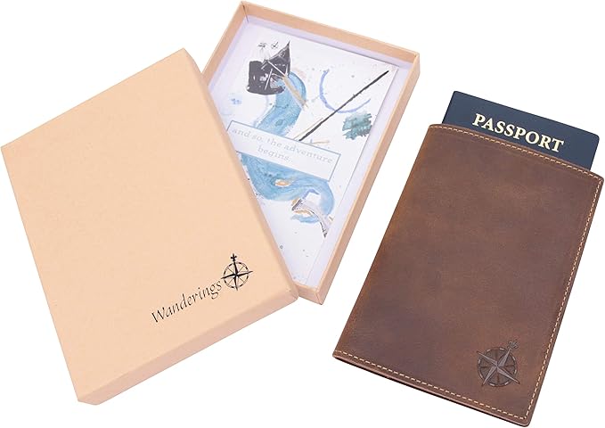 WANDERINGS Leather Travel Wallet with Passport Holder - 5.5" x 4" - Genuine Leather Case with RFID Blocking for Men and Women - Folding Wallet for Passports
