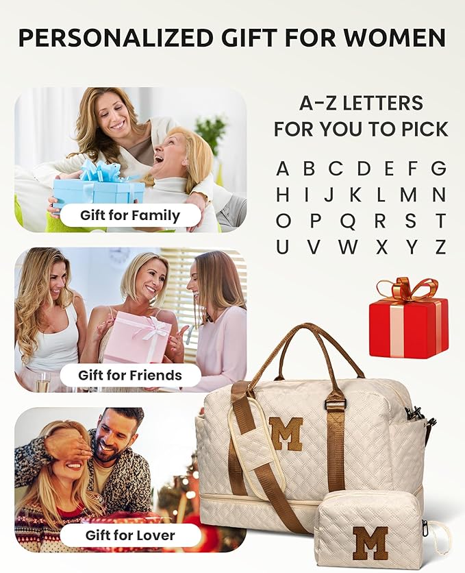 Initial Duffle Bag with Shoe Compartment, Personalized Weekender Bag, Monogram Overnight Bag for Women with Trolley Sleeve & Wet Pocket, Letter Travel Bag with Makeup Bag (Letter K)